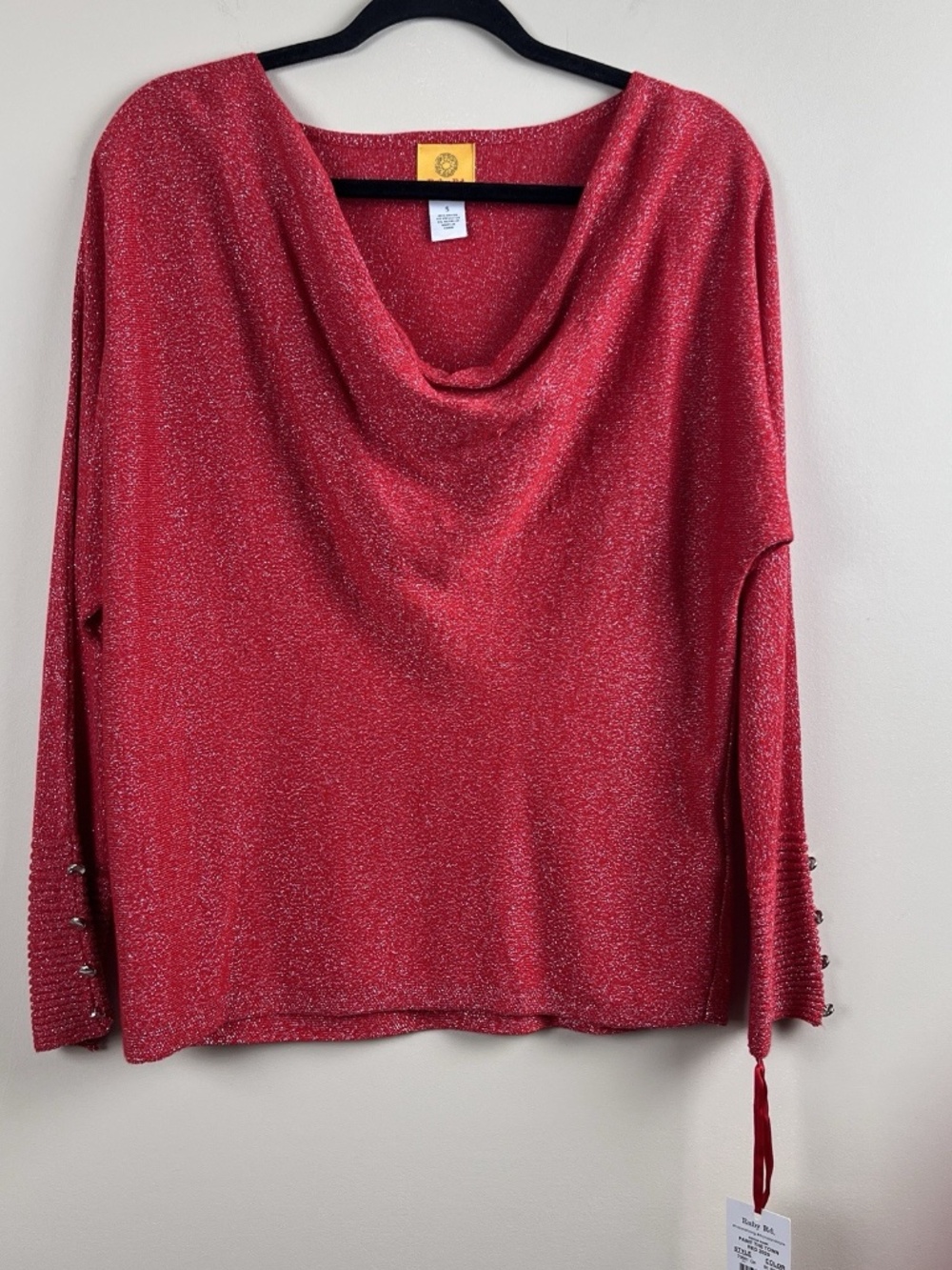 Ruby Rd Women's Paint the Town Red Drape Neck Metallic Sweater, Red, Small NWT